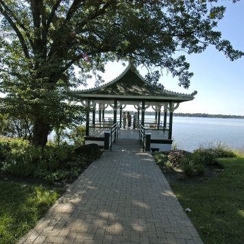 A gazebo overlooks the water at Noerenberg Memorial Gardens.
