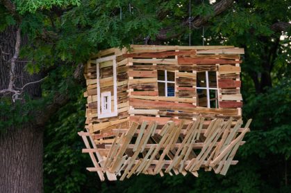 Photo of upside-down tree house structure at the Minnesota Landscape Arboretum's tree houses exhibit.