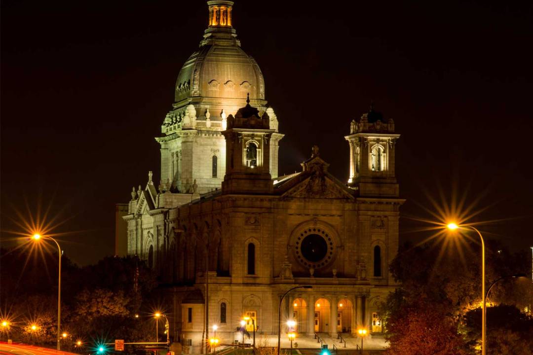 The Basilica of Saint Mary in Minneapolis at night. Seven Wonders of the Twin Cities.