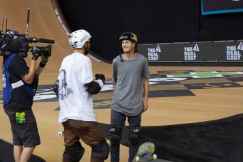 Italo Penarrubia and Clay Kreiner hanging out after Clay's attempt during the Big Air competition at X Games Minneapolis 2017.