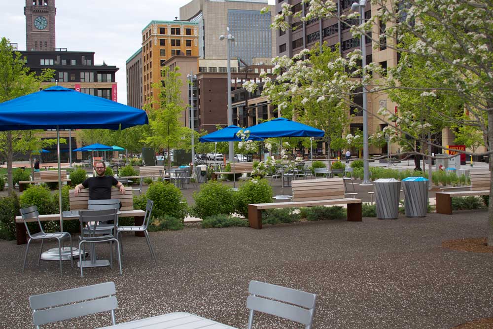 The myriad of seating tables at Downtown East Commons in downtown Minneapolis.