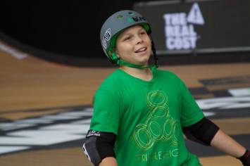 Evan "Big E" Doherty smiling and waiting for his score after one of his runs in the Big Air competition at X Games Minneapolis.