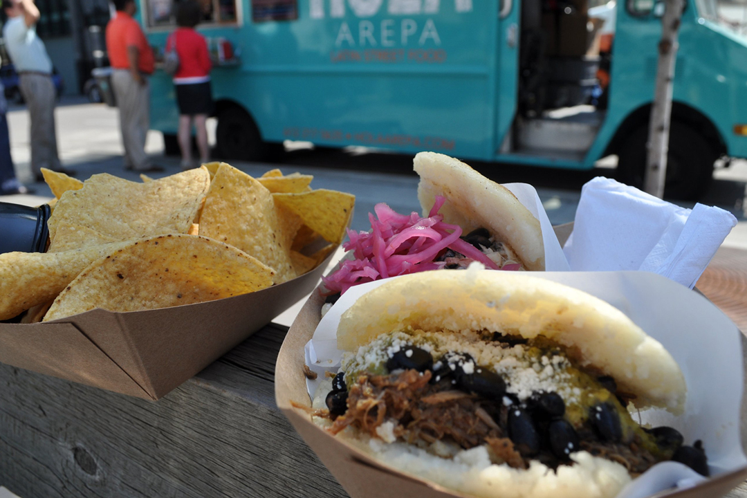 A close up of the pulled pork arepa from the Hola Arepa food truck in Minneapolis, Minnesota.