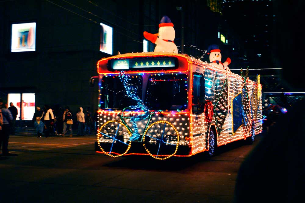 Holidazzle bus in the parade.