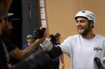 Italo Penarrubia and Bob Burnquist celebrating together after Italo's jump in the Big Air competition at X Games Minneapolis 2017.