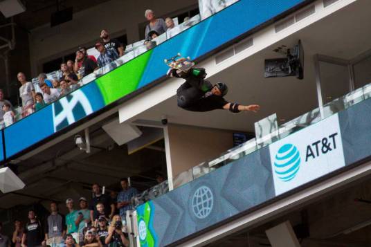 Jake Brown mid jump during the Big Air competition at X Games Minneapolis 2017.