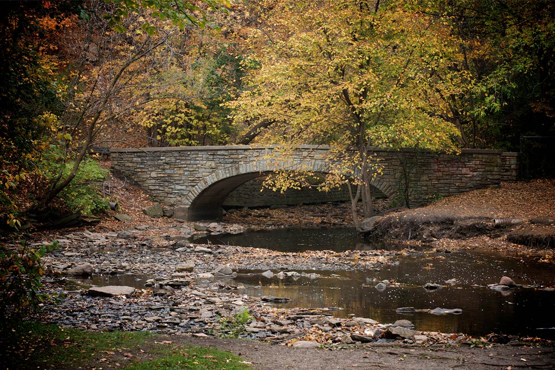 A bridge over the creek down from Minnehaha Falls at Minnehaha Regional Park.