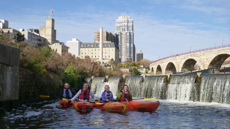 Kayaking the Mississippi River with the Minneapolis skyline in the background