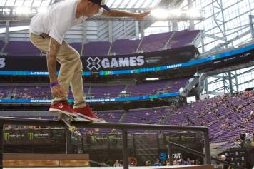 Ryan Sheckler grinding a rail during the free skate at X Games Minneapolis 2017.