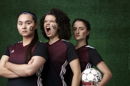 Photo by William Clark, courtesy of Jungle Theater. Three of the fierce soccer players in "The Wolves" this spring.