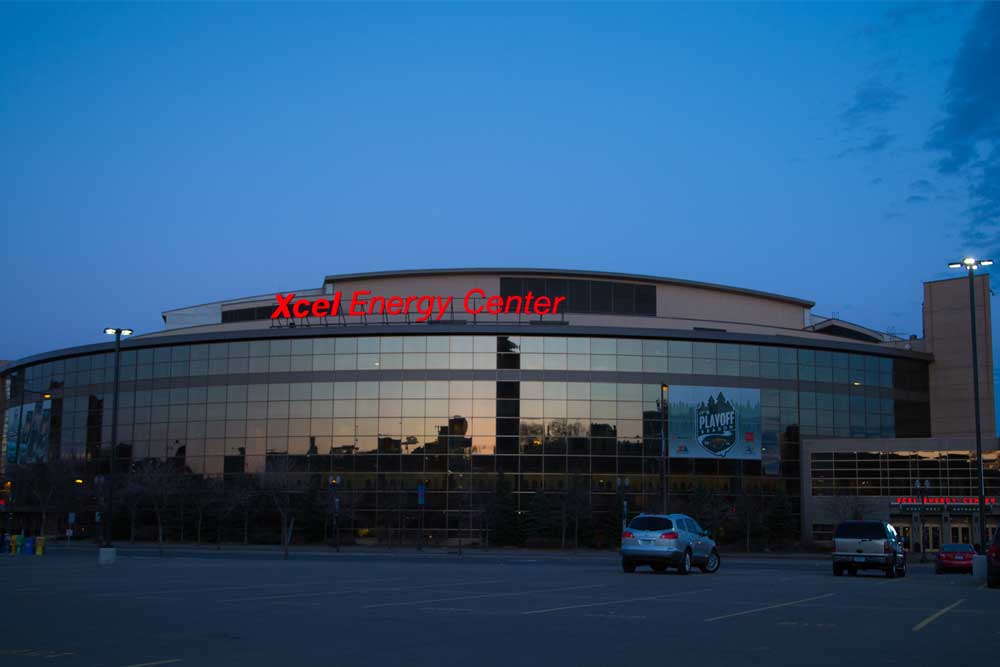 Outside the Xcel Energy Center at dusk. One of the many stops along the Metro Transit Green Line.