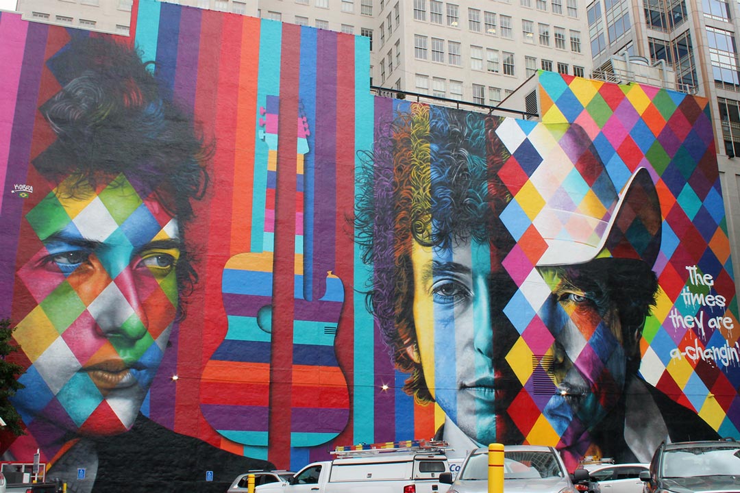 The Bob Dylan mural in downtown Minneapolis, one of the best Minneapolis murals.