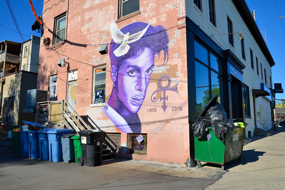 The Prince mural on the Sencha Tea building in Minneapolis, one of the best Minneapolis Murals.